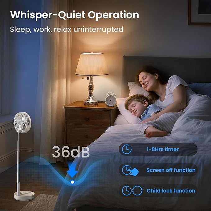TriPole Portable Standing Fan, 8000mAh Rechargeable Oscillating Fan with Remote, 8.1'' Quiet Pedestal Floor Fan with LED Display & Timer, Foldable Small Desk Fans for Bedroom, Office, Camping, Travel