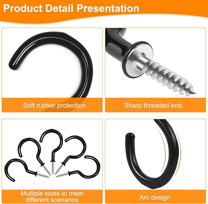 Cup Screw Hooks,3/4 inch Vinyl Coated Ceiling Hooks,160 Pack Screw in Plant Hanger Hooks,Wind Chimes Hook Kitchen Cup Hook Great for Hanging Indoor & Outdoor Use(Black)