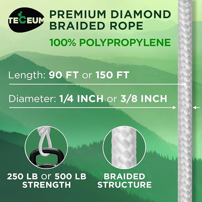 TECEUM Rope – 90 Feet x 3/8 Inch (10mm) – White – Strong All-Purpose Utility Rope – Camping, Crafting, Flag Pole, Indoor & Outdoor – Polypropylene Nylon Poly Lightweight Diamond Braided Cord