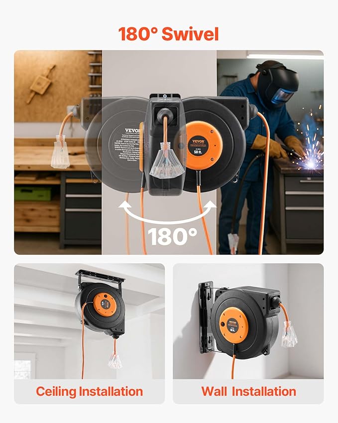 VEVOR Retractable Extension Cord Reel, 50 FT Heavy Duty 14AWG/3C SJTOW Power Cord with Lighted Triple Tap Outlet, 13 Amp Circuit Breaker, 180° Swivel Bracket for Ceiling or Wall Mount