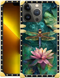 Compatible with iPhone 13 Pro Case, Colourful Dragonfly Pink Lily Pads Luxury Golden Decoration for Girl Women Soft TPU Shockproof Protective Hard PC Back for iPhone 13 Pro