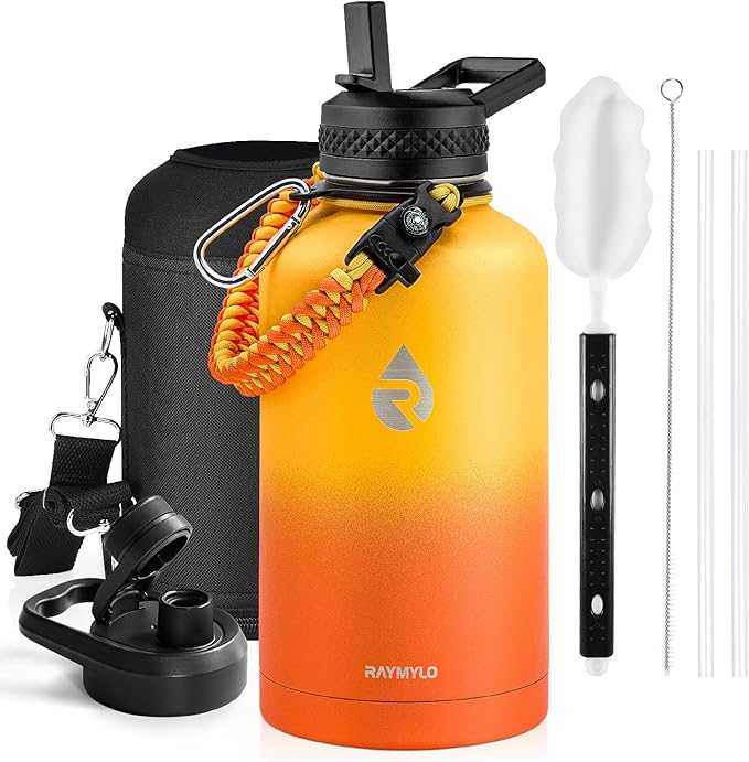 RAYMYLO Insulated Water Bottle 64 oz, Triple Wall Vacuum Stainless Steel (Cold for 48 Hrs), Leak Proof & Non-BPA, Half Gallon Water Flask Jug with Paracord Handle & Straw Spout Lids, Ombre Orange