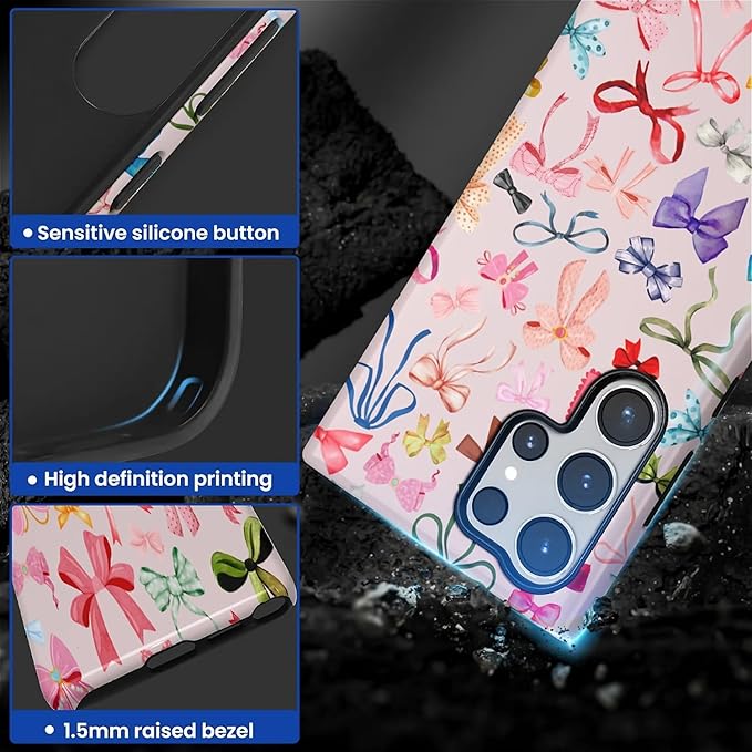 for Samsung Galaxy S24 Ultra Case,HL2 Aesthetic Color Bow Tie Hybrid 2 Layer Hard Shell Silicone Protective Pattern Design Case