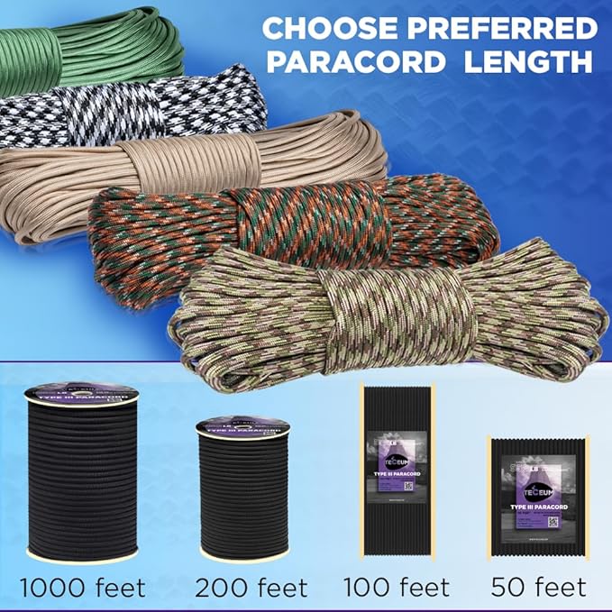 TECEUM Reflective Paracord Rope 1000 – 1000ft/200ft/100ft/50ft – 40+ Colors – Glow in The Dark – para Cord – Utility Rope for Survival, Hunting & Camping Gear – Nylon String, Camping Rope, Tent Cord