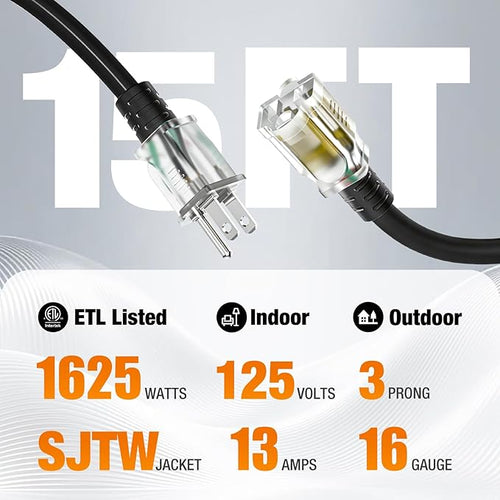 15 FT Outdoor Extension Cord Waterproof, 16/3 Gauge Heavy Duty 3 Prong Power Cord with Lighted Indicator End, 13A 125V 1625W SJTW, ETL Listed, Great for Lawn/Garden/Home(Black)