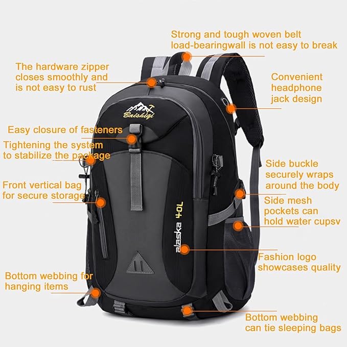 40L Hiking Backpack, Lightweight Daypack for Men Women, Polyester Rucksack, Breathable Backpack with Multi Pockets for Camping Walking Commuting Outdoor Short Trips - Black