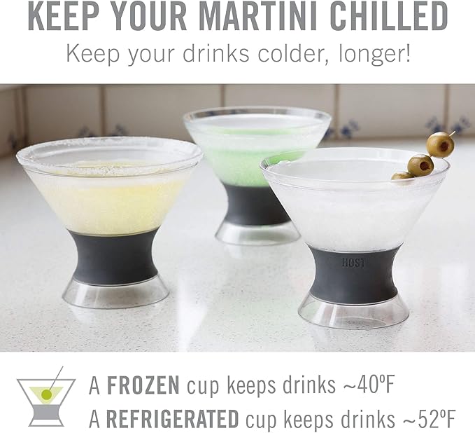 Host Freeze Insulated Martini Cooling Cups for Espresso Martinis, Gifts for Mom, Housewarming Gifts for Women, Plastic Freezer Gel Chiller Double Wall Stemless Cocktail Glasses, Set of 2, 9 oz, Gray