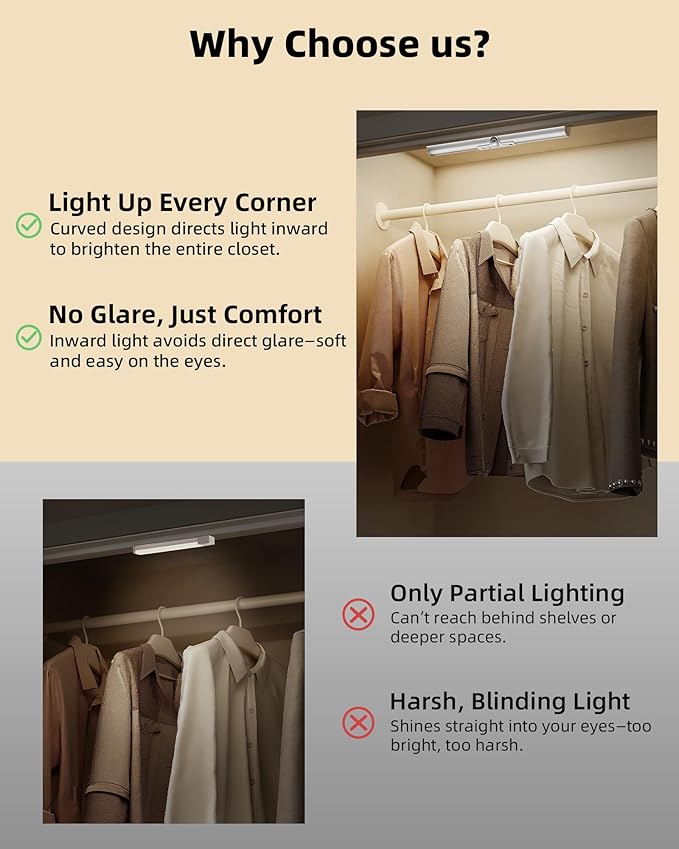 EZVALO 13-inch Motion Sensor Closet Lights, 2 Pack Rechargeable LED Lights with Rotatable Sensor, Glare-Free, 3 Color Temps & Dimmable, Magnetic Cabinet Lighting for Closet, Pantry, Stairs