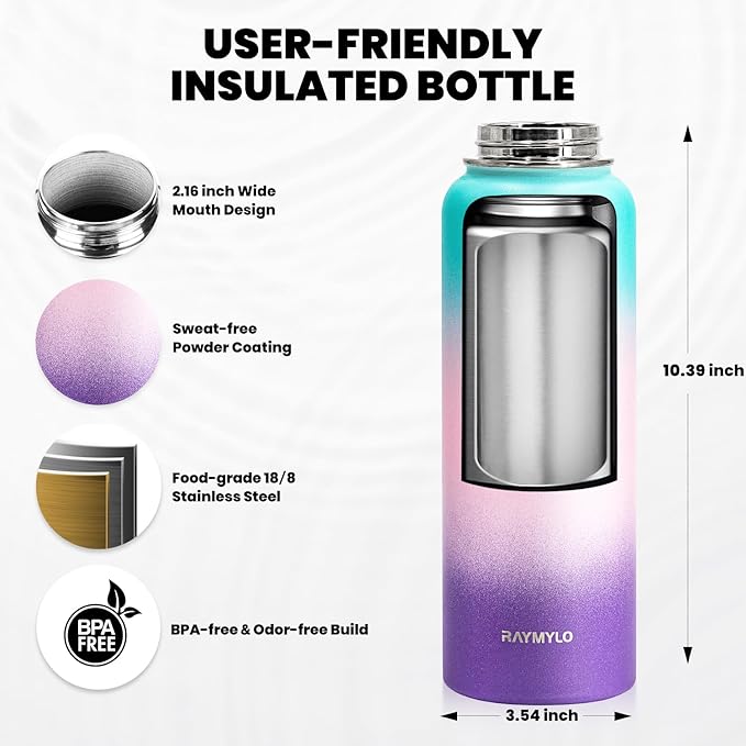 RAYMYLO Insulated Water Bottle 40 oz, Triple Wall Vacuum Stainless Steel (Cold for 36Hrs, Hot for 18Hrs), Leak Proof & Non-BPA, Modern Water Flask Jug with Paracord Handle & Straw Spout Lids
