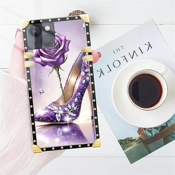 Compatible with iPhone 13 Case, High Heeled Purple Diamond Rose Luxury Golden Decoration for Girl Women Soft TPU Shockproof Protective Hard PC Back for iPhone 13