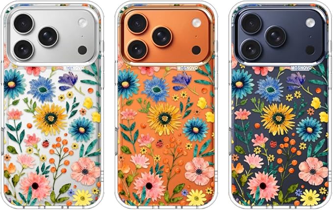 MOSNOVO for iPhone 17 Pro Case, Shockproof Military-Grade Protection 6.6ft Drop Tested, Camera Control, Clear Phone Case for iPhone 17 Pro, Wildflower Bloom Design