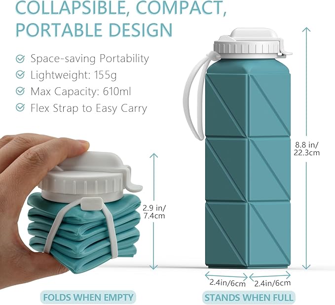 BEAUTAIL Collapsible Water Bottles with Straw 20.6oz, Silicone Foldable Portable Water Bottle, BPA-Free, Leakproof Reusable for Travel Camping Hiking Sports, 4 Pack (Black+Dark Blue+Blue+Pink)