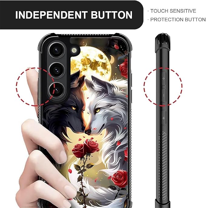 for Samsung Galaxy S23 Plus Case, Black White Wolf Moon Flower Rose Pattern Graphic Design Girl Boy Soft Silicone Hard Acrylic Shock Protection for Samsung Galaxy S23 Plus