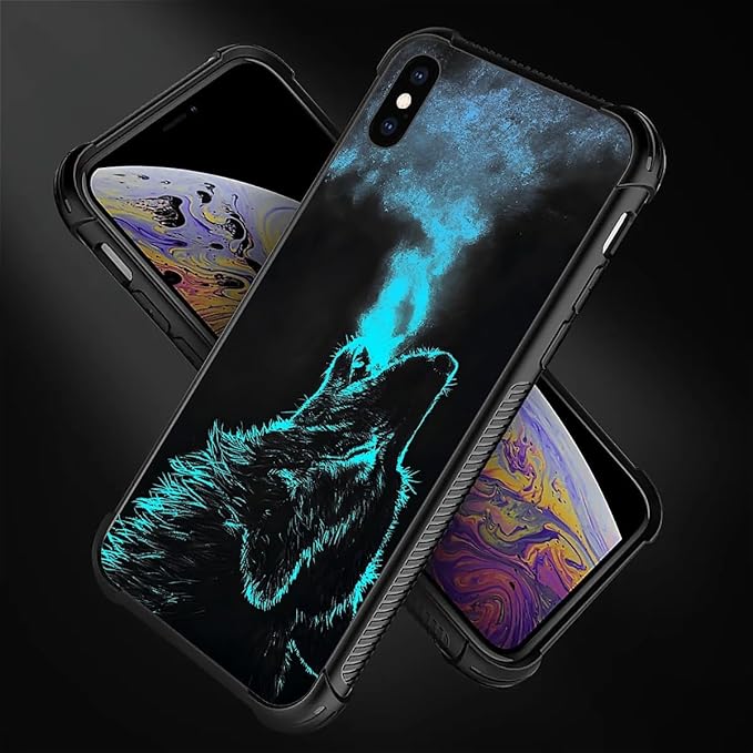 for iPhone Xs Max Case, Blue Breathing Wolf Pattern Graphic Design Girl Boy Soft Silicone Hard Acrylic Shock Protection for iPhone Xs Max