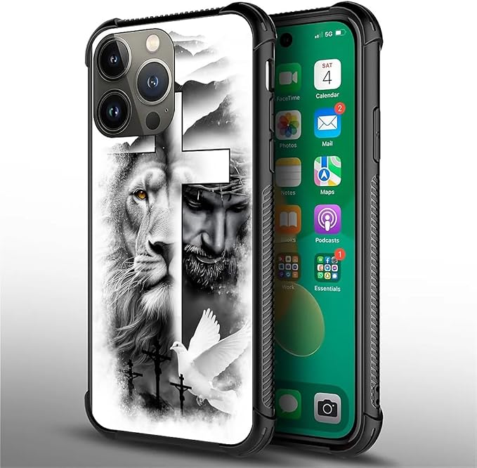 for iPhone 14 Pro Max Case, Lion Cross Jesus Christ Dove Pattern Graphic Design Girl Boy Soft Silicone Hard Acrylic Shock Protection for iPhone 14 Pro Max