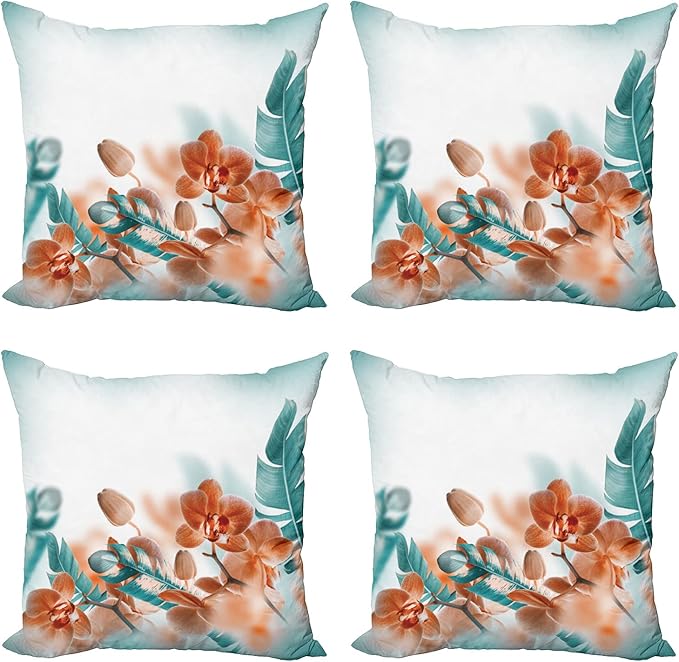 Ambesonne Tropical Throw Pillow Cushion Case Pack of 4, Exotic Orchids Blossom Leaves on Blurred Background Floral Themed Modern Art, Modern Accent Double-Sided Digital Printing, 20", Orange Teal