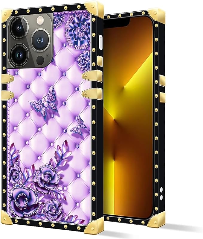 Compatible with iPhone 13 Pro Max Case, Purple Butterfly Flowers Leaf Luxury Golden Decoration for Girl Women Soft TPU Shockproof Protective Hard PC Back for iPhone 13 Pro Max
