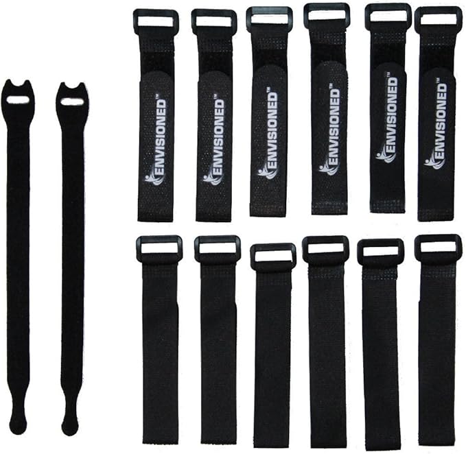 Reusable Cinch Straps 1" x 12" - 12 Pack, Multipurpose Quality Hook and Loop Securing Straps (Black) - Plus 2 Free Bonus Reusable Cable Ties