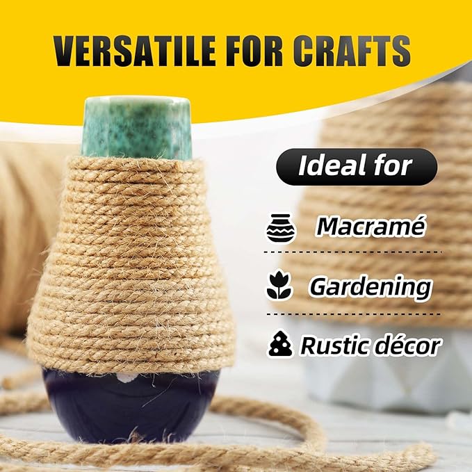 Natural Jute Twine, 8MM x 100FT Jute Rope Roll, Heavy Duty Thick Twine for Cat Scratching Post, Bundling, Gardening and DIY Crafts