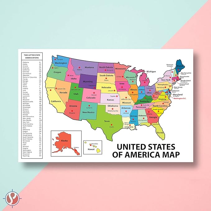 United States Map - USA Poster, US Educational Map - With State Capital - for Ages Kids to Adults - Home School Office - Printed on 12pt. Glossy Card Stock | Bulk Pack of 10 |11 x 17 Inches