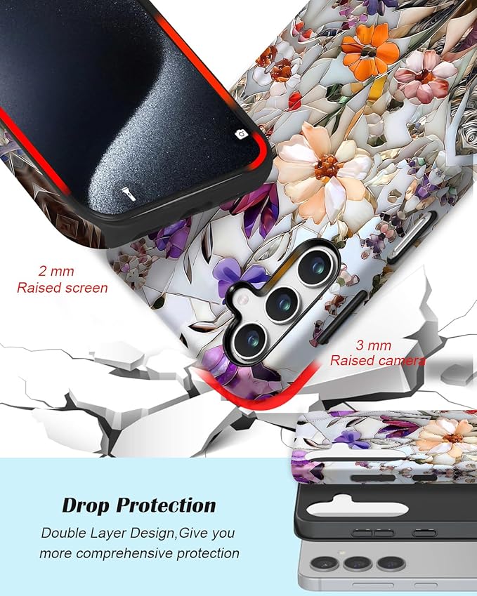 Compatible for Samsung Galaxy A36 5G Case, Dual Layer Heavy Duty 2 in 1 Shockproof Protective Phone Case,Marble Pressed Flowers