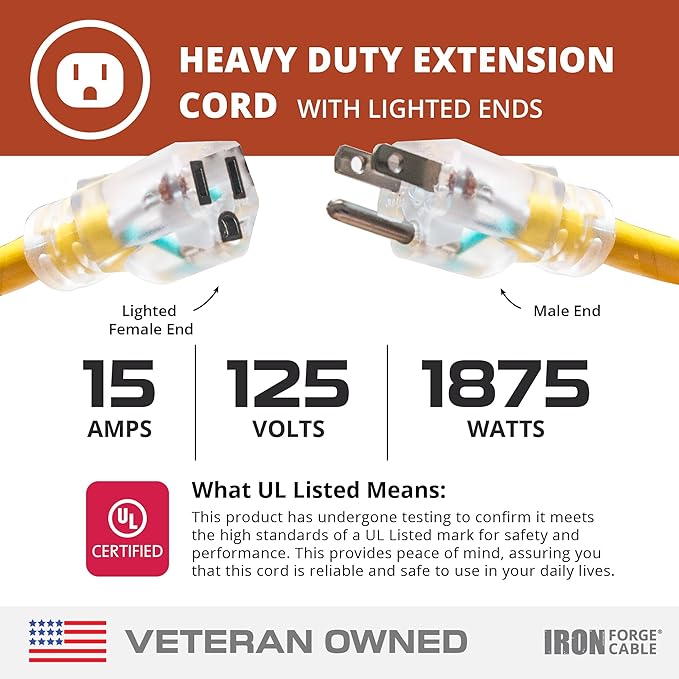 Iron Forge Cable 1 Foot Lighted Outdoor Extension Cord - 12/3 SJTW Heavy Duty Yellow Extension Cable with 3 Prong 15 AMP Grounded Plug for Safety