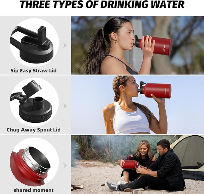 64oz Insulated Water Bottle (Cold for 48 Hrs),BPA Free&Leak Proof,Half Gallon Stainless Steel Water Flask,Water Jug with Straw Spout Lids for Gym,Hiking,Camping,Red