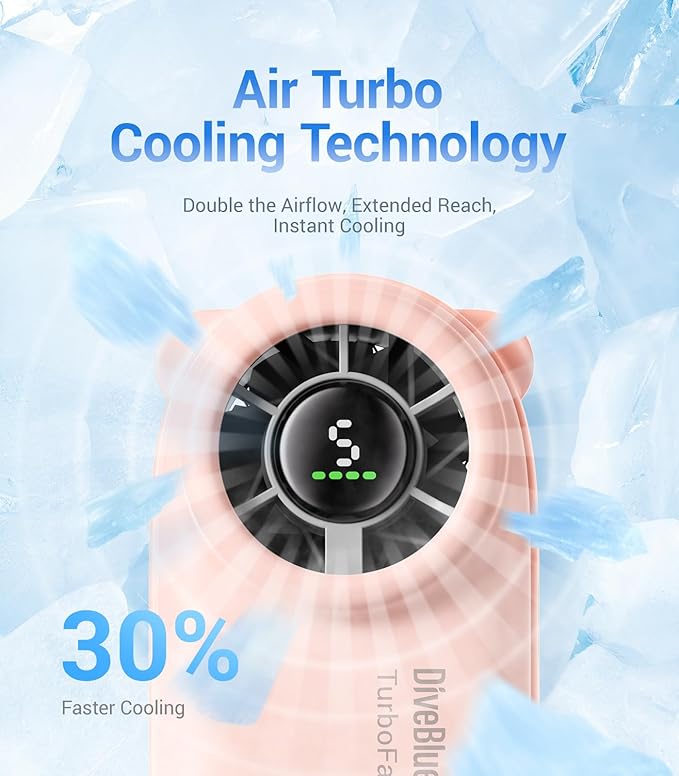 Diveblues Handheld Portable Turbo Fan, 4000mAh USB Rechargeable Pocket Fan, Up to 16 Hours, Hand Fan with 5 Speeds Powerful Cooling for Travel/Summer/Outdoor/Lash/Purse