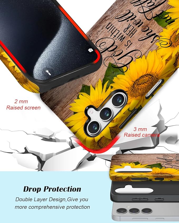 Compatible for Samsung Galaxy S24 Plus 5G Case, Dual Layer Heavy Duty 2 in 1 Shockproof Protective Phone Case,Bible Verses Psalm 46:5 Wood and Sunflower