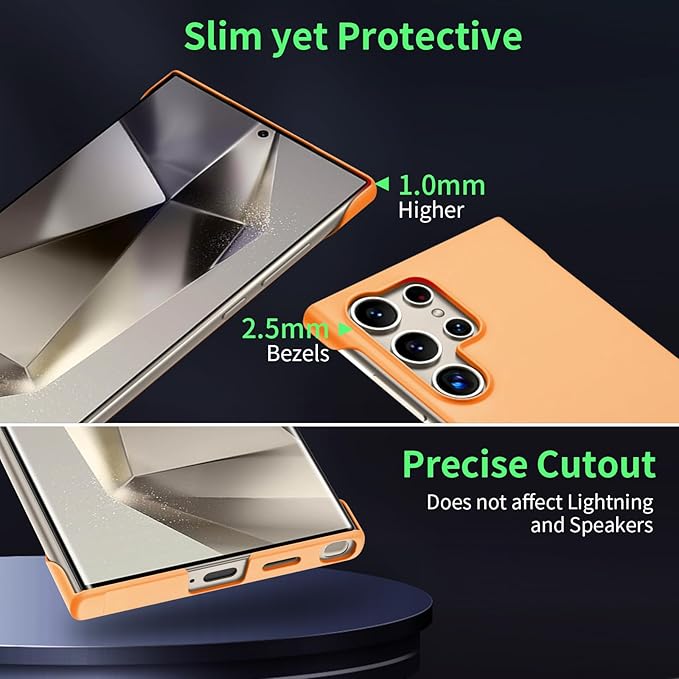GRECAZO Slim Borderless for Samsung Galaxy S24 Ultra Phone Case 6.8"(2024) Ultra-Thin Lightweight Frameless Matte Hard PC Cover Case with Pull Ring Minimalist Non Slip Rope-Orange