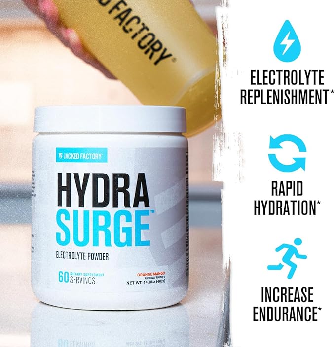 Jacked Factory HYDRASURGE Electrolyte Powder - Hydration Supplement with Key Minerals, Himalayan Sea Salt, Coconut Water - Keto Friendly, Sugar Free, Naturally Sweetened - 60 Servings, Orange Mango