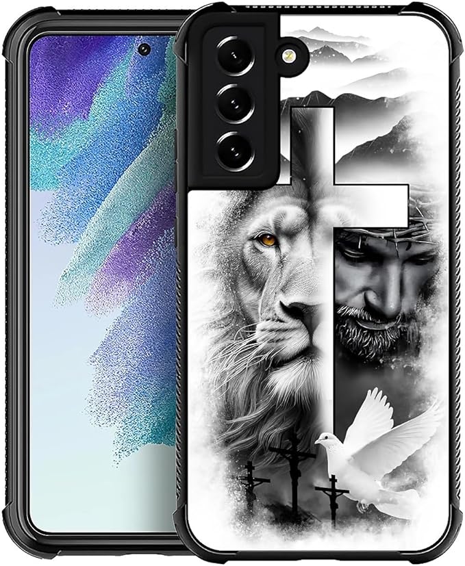 for Samsung Galaxy S21 FE Case, Lion Cross Jesus Christ Dove Pattern Graphic Design Girl Boy Soft Silicone Hard Acrylic Shock Protection for Samsung Galaxy S21 FE