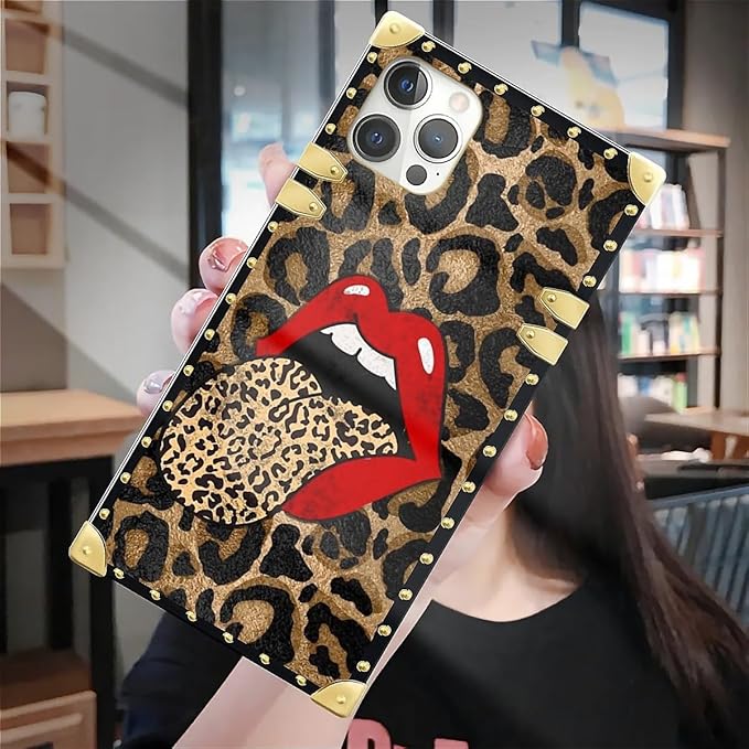 Compatible with iPhone 12 12 Pro Case, Brown Leopard Print Mouth Luxury Golden Decoration for Girl Women Soft TPU Shockproof Protective Hard PC Back for iPhone 12 12 Pro