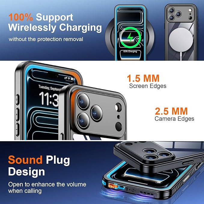 SPIDERCASE for iPhone 17 Pro Case Waterproof, Built-in Lens & Screen Protector, Full Heavy Duty Protection, 12FT Military Shockproof, Dustproof, Anti-Scratched Phone Case,Blue/Clear