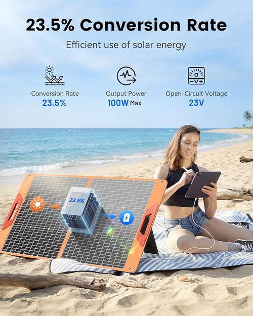100W Portable Solar Panel for Power Station, 19.8V Foldable Solar Charger with DC/XT60/Anderson Cable & QC3.0 USB Outputs, 23% High Efficiency IP65 Waterproof 2 Kickstands for Outdoor Camping RV Trip
