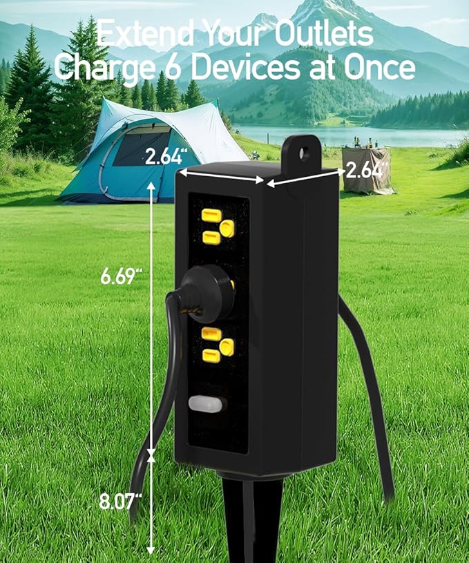 Outdoor Power Strip Weatherproof, ZZJ IP69 Grade Waterproof Surge Protector, 25 FT Outdoor Extension Cord with Stake, 6 AC Outlets,14 AWG Heavy Duty Cord for Outdoor Patio Garden-Black