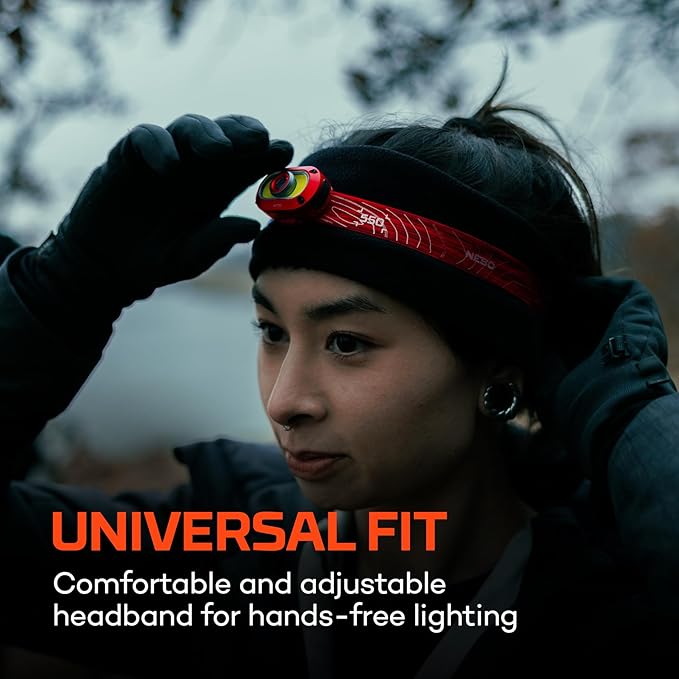 NEBO MYCRO 550+ Rechargeable Headlamp | 550 Lumens, 7 Light Modes, Water Resistant, Detachable Hat Clip, Super Bright Head Lamp for Camping & Hiking, Includes USB Charging Cable – Red