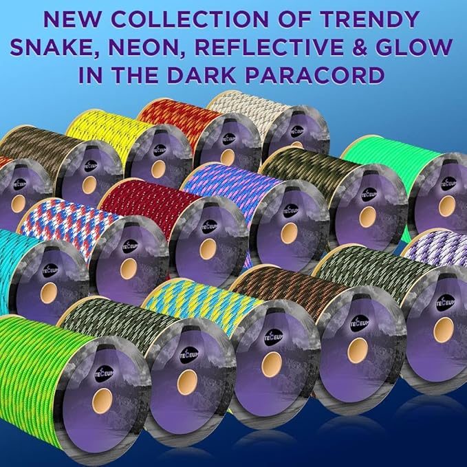 TECEUM Reflective Paracord Rope 1000 – 1000ft/200ft/100ft/50ft – 40+ Colors – Glow in The Dark – para Cord – Utility Rope for Survival, Hunting & Camping Gear – Nylon String, Camping Rope, Tent Cord