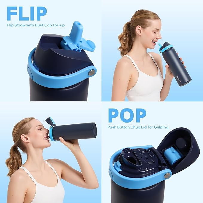24 oz Stainless Steel Water Bottle with 2-in-1 Quick Flip Straw and Push Button Spout Lid, Fits Car Cupholder, Triple Walled Vacuum Insulated Metal Leakproof, for Gym, Hiking, Trip, Blue