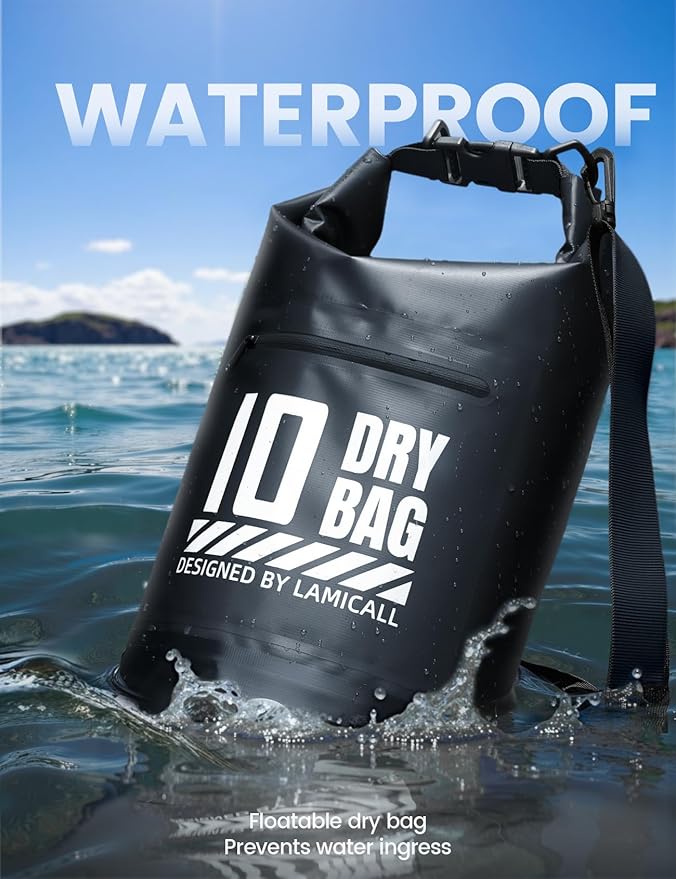 Lamicall Waterproof Dry Bag with Phone Pouch, Floating Roll Top Backpack, 10L, Black