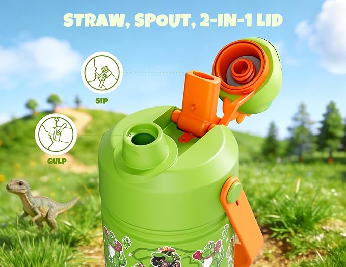 POWCAN 18 oz Kids Stainless Steel Water Bottle: 2-in-1 Straw Spout Lid with Soft Animal Head, Leakproof, Car Cupholder Friendly, Keep Cold 24H, Insulated Bottle for School, Sports, Camp (Cowboy Rex)