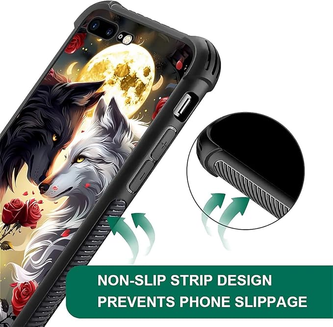 for iPhone 7/8 Case, Black White Wolf Moon Flower Rose Pattern Made of Soft Silicone Hard Acrylic Shock Protection for iPhone 7/8