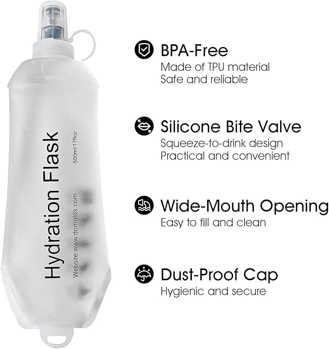 GYGYL Soft Flask, TPU Collapsible Soft Water Bottle for Hydration Pack, Running Vest, Leak-Proof Folding Water Bottle for Hiking Cycling Climbing Jogging-500ml White, 2pcs