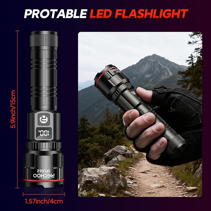 RECHOO Rechargeable Flashlights 2 Pack, Super Bright High Lumens LED Flashlight with LCD Digital Display, 3 Lighting Modes & Zoomable Torch Lights for Home Camping Hunting Emergency