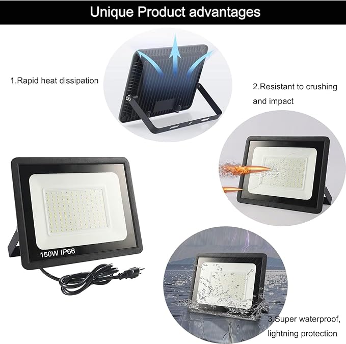 4Pack LED Flood Light Outdoor,50W LED Work Light 5500lmwith 6FT US Plug,IP66 Waterproof Exterior Security Lights,6000K Daylight White Outside Floodlights Slim Design for Playground Yard