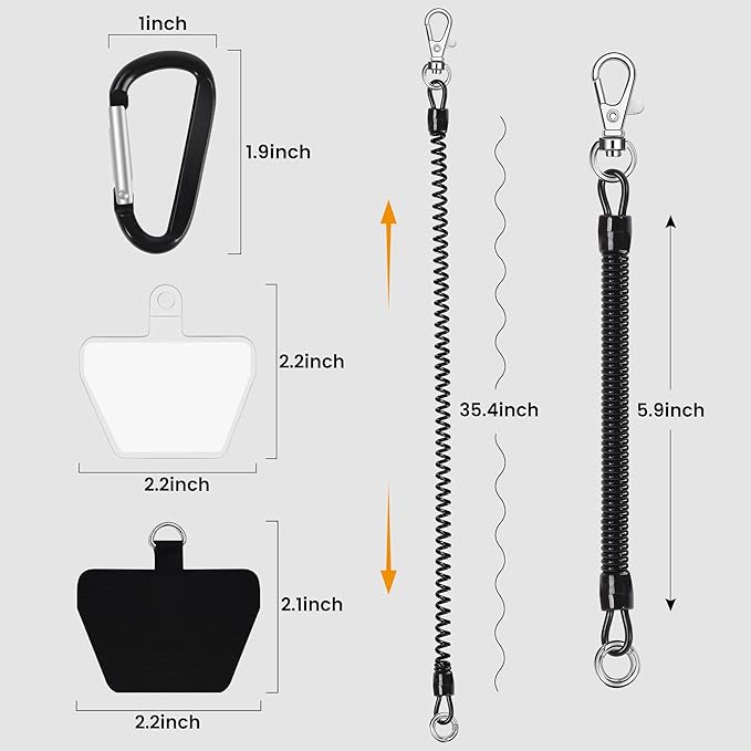 takyu Phone Tether, 2PCS Phone Lanyard Tether with 4*Patch and 1*Carabiner for Outdoor Hiking Cycling Climbing Skiing Compatible for iPhone Samsung Pixel Most Smartphones(Black+Clear)
