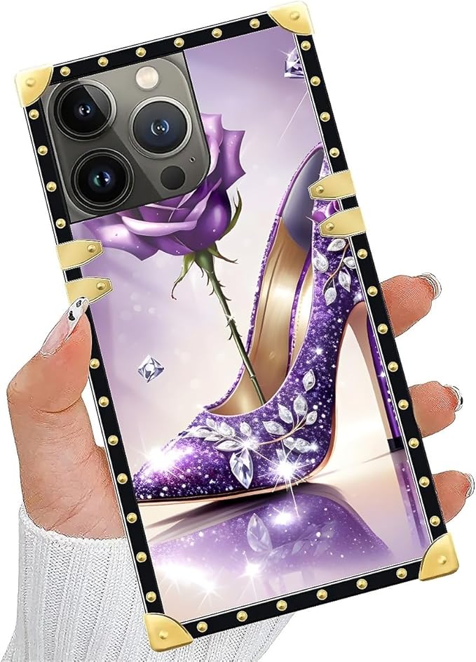Compatible with iPhone 14 Pro Max Case, High Heeled Purple Diamond Rose Luxury Golden Decoration for Girl Women Soft TPU Shockproof Protective Hard PC Back for iPhone 14 Pro Max