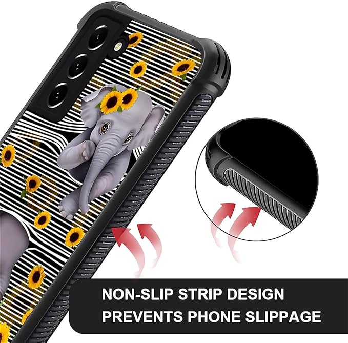 for Samsung Galaxy S22 Case, Cute Little Elephant Sunflower White Line Art Pattern Graphic Design Girl Boy Soft Silicone Hard Acrylic Shock Protection for Samsung Galaxy S22