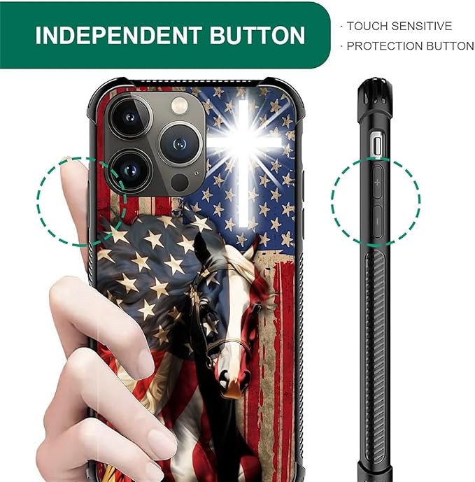 for iPhone 13 Pro Max Case, Red American Flag Horse Cross Pattern Graphic Design Girl Boy Soft Silicone Hard Acrylic Shock Protection for iPhone 13 Pro Max