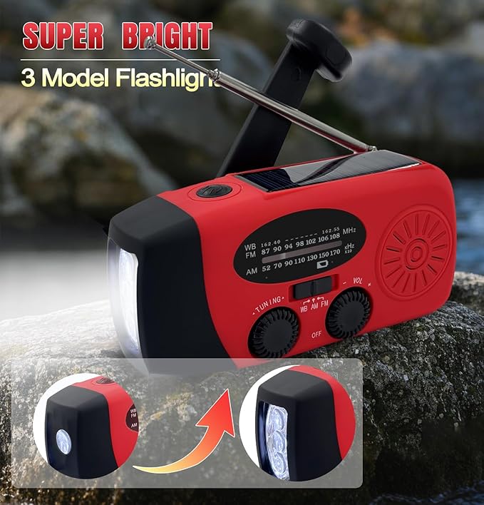 Emergency Hand Crank Weather Radio, AM/FM NOAA Portable Solar Radio with 2000mAh Battery Phone Charger, SOS Alarm & Survival Flashlight for Indoor/Outdoor, Emergency, Hurricane (Red)
